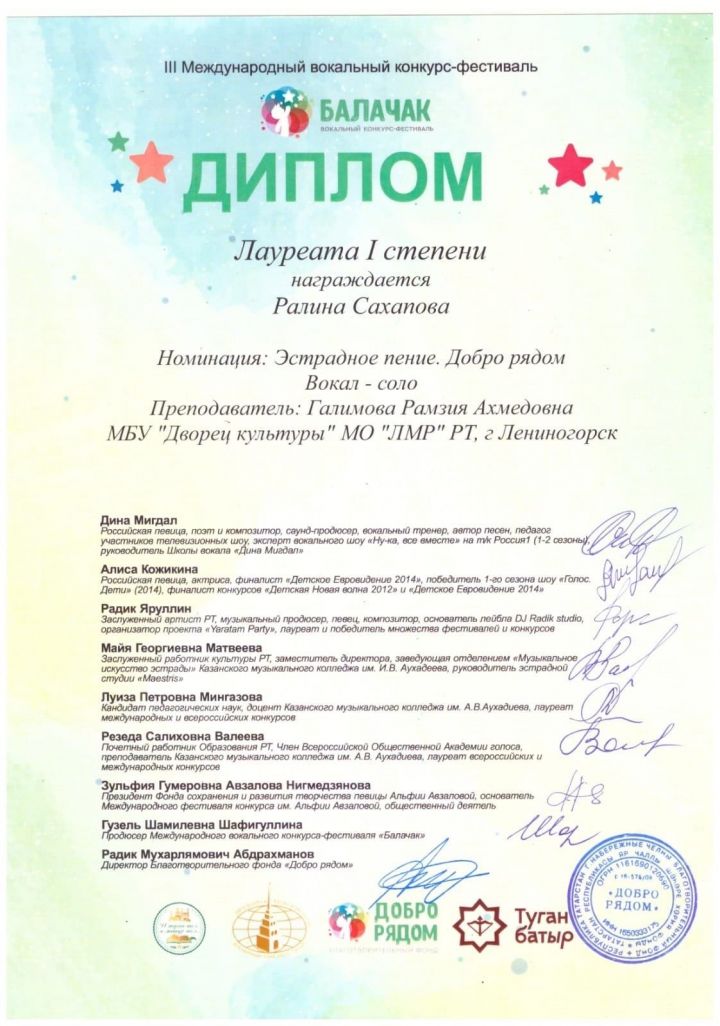Лениногорскилы Ралина халыкара фестивальдә беренче дәрәҗә лауреат булды
